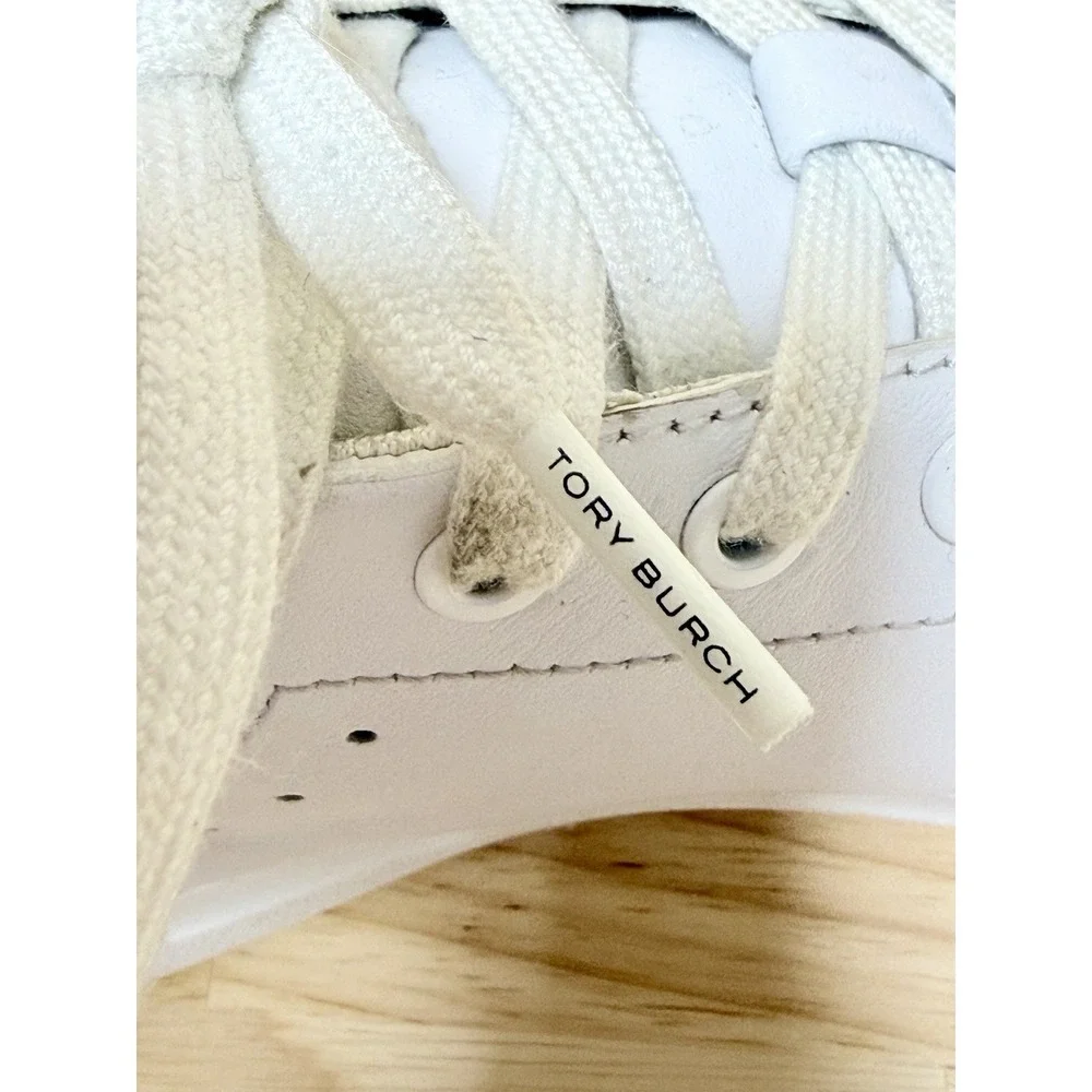Tory Burch Howell Court Sneakers Womens 8 White Leather Navy Gold Logo 73057